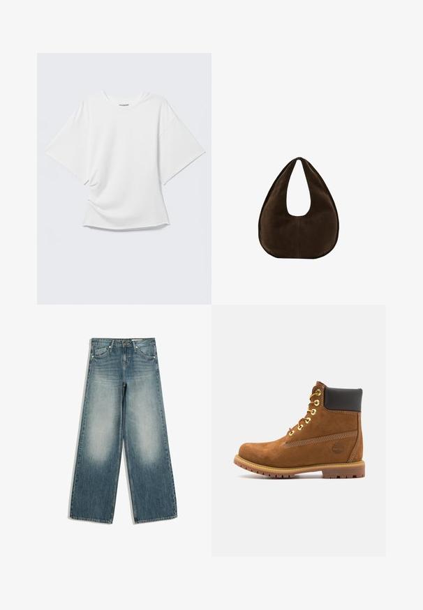 Weißes kurzärmeliges Oversized T-Shirt mit Rundhalsausschnitt, dargestellt vor hellem grauem Hintergrund.; Blaue Jeans mit weitem Bein, ausgebleichten Vorderteilen an den Oberschenkeln, Fronttaschen, Gürtelschlaufen und Knopfverschluss.; Braune Wildleder-Stiefelette mit schwarzem gepolstertem Kragen, goldenen Ösen, Schnürung an der Vorderseite und Gummisohle mit strukturiertem Muster.; Dunkelbraune Wildleder-Handtasche in Halbmondform mit einem breiten Riemen und glatter Textur vor weißem Hintergrund.