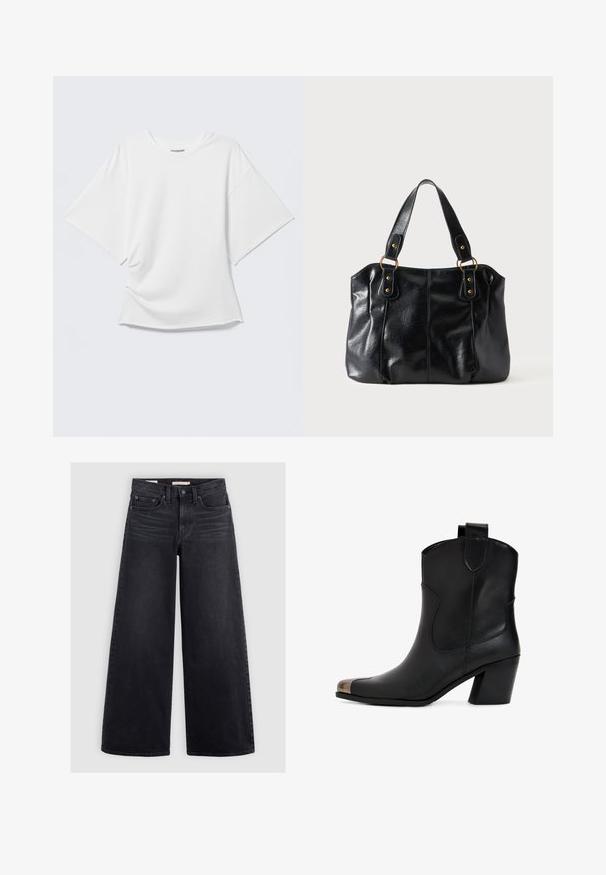 Hvid oversized T-shirt med korte ærmer og rund hals vist på en lysegrå baggrund.; Bredbenede sorte jeans lavet af denim, med høj talje, fem lomme-design og subtilt slid langs forsiden.; Sort læderankelstøvle med en let hæl, udstyret med en spids tå og metalhætte. Enkel syning og trækflap på bagsiden.; Sort læder skuldertaske med dobbelte stropper fastgjort med gyldne ringe og nitter, glat og let skinnende overflade, enkelt design.