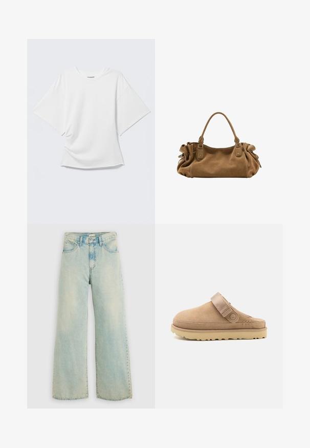 Camiseta blanca oversized de manga corta con cuello redondo mostrada sobre un fondo gris claro.; Jeans de mezclilla azul claro de pierna ancha con cintura alta, acabado desgastado, diseño de cinco bolsillos y piernas de corte recto con dobladillo sin rematar.; Zueco de ante en beige con parte superior texturizada, correa ajustable y una suela de goma robusta con un patrón de tacos para un mejor agarre.; Bolso de mano de ante marrón suave con un solo asa superior y detalles laterales recogidos asegurados con correas de cuero y anillas de metal.