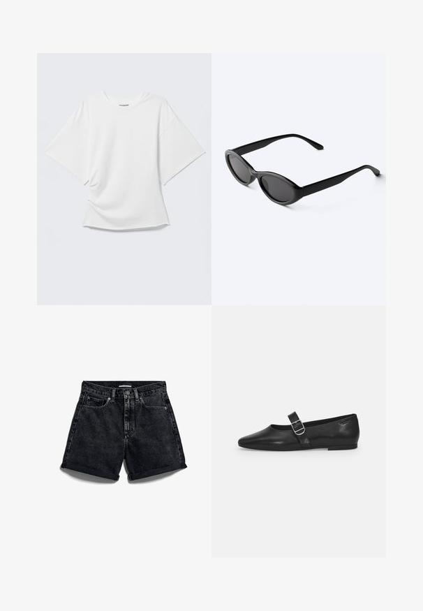Weißes kurzärmeliges Oversized T-Shirt mit Rundhalsausschnitt, dargestellt vor hellem grauem Hintergrund.; Schwarze Denim-Shorts mit hoher Taille, umgeschlagenen Säumen und Fünf-Taschen-Design. Mit Knopfverschluss und Kontrastnähten.; Schwarzer Lederflatschuh mit runder Zehenform, einem verstellbaren Schnallenriemen und einer glatten, glänzenden Oberfläche. Minimalistisches Design mit einem niedrigen Absatz.; Schlanke schwarze ovale Sonnenbrille mit dunklen Gläsern und geraden Bügeln, liegend auf einer weißen Oberfläche.