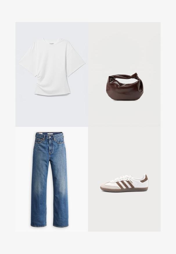 T-shirt blanc oversize à manches courtes avec col rond présenté sur un fond gris clair.; Jean en denim bleu clair avec une taille haute, une coupe à jambes larges, un style classique à cinq poches et un léger délavage sur le tissu.; Baskets Adidas Samba blanches avec des bandes en daim marron, semelle en caoutchouc marron et bout en daim beige, vues du côté extérieur sur un fond uni.; Sac bandoulière en cuir marron foncé avec une forme souple et décontractée et une anse nouée torsadée sur un fond blanc uni.