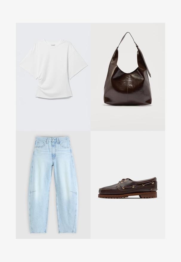 Wit oversized T-shirt met korte mouwen en ronde hals, weergegeven op een lichtgrijze achtergrond.; Lichtblauwe denimjeans met een ontspannen pasvorm, voorzien van een hoge taille, vijf-pocketontwerp en subtiele vervaging met rafelige zoomdetails.; Bruine leren bootsschoen met gouden oogjes, ronde veters en een gestructureerde bruine rubberen zool. Kenmerkt zich door gestikte details en een verhoogd logo.; Donkerbruine glanzende leren schoudertas met een enkele brede riem en gespsdetail aan één kant, tegen een effen lichte achtergrond.
