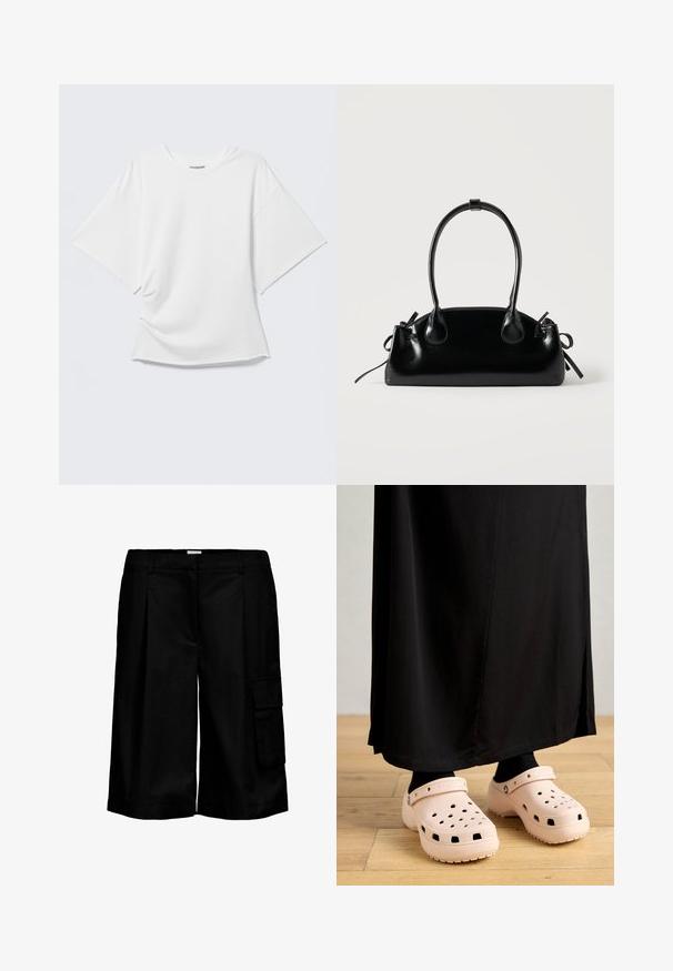 T-shirt blanc oversize à manches courtes avec col rond présenté sur un fond gris clair.; Short cargo noir longueur genou avec passants de ceinture et une grande poche côté droit sur fond blanc.; Sabots en caoutchouc rose avec des trous de ventilation, une semelle épaisse et une sangle autour du talon, assortis à une longue jupe noire.; Petit sac à main noir brillant avec deux longues anses et des détails à cordon sur les côtés sur un fond clair uni.