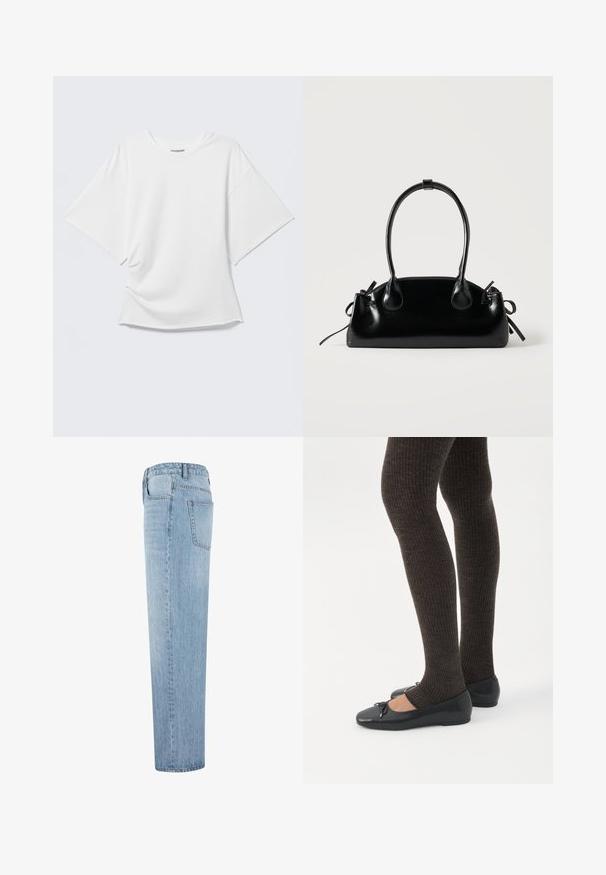 Hvid oversized T-shirt med korte ærmer og rund hals vist på en lysegrå baggrund.; Lysblå straight-leg denim jeans med høj talje og synlig baglomme, vist fra siden mod en hvid baggrund.; Ben iført mørke ribbede leggings kombineret med sorte balletsko med små sløjfedetaljer på hvid baggrund.; Lille sort blank håndtaske med to lange håndtag og snøre-detaljer i siden på en ensfarvet lys baggrund.