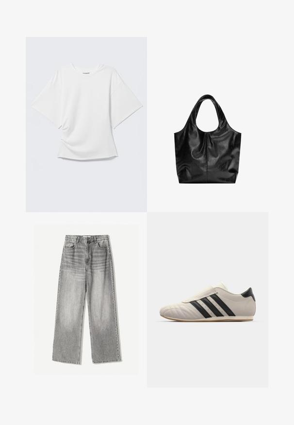 Hvid oversized T-shirt med korte ærmer og rund hals vist på en lysegrå baggrund.; VIDEAJEANS i falmet sort denim med høj talje, der har fem lomme design og kontrasterende syning for tekstur.; Lys grå sneakers med sorte striber, afrundet tå, glat læderoverdel, Velcro-lukning og gummisål.; Sort læder tote taske med en glat overflade, en blød, afrundet top og brede håndtag. Har minimal syning og en afslappet silhuet.