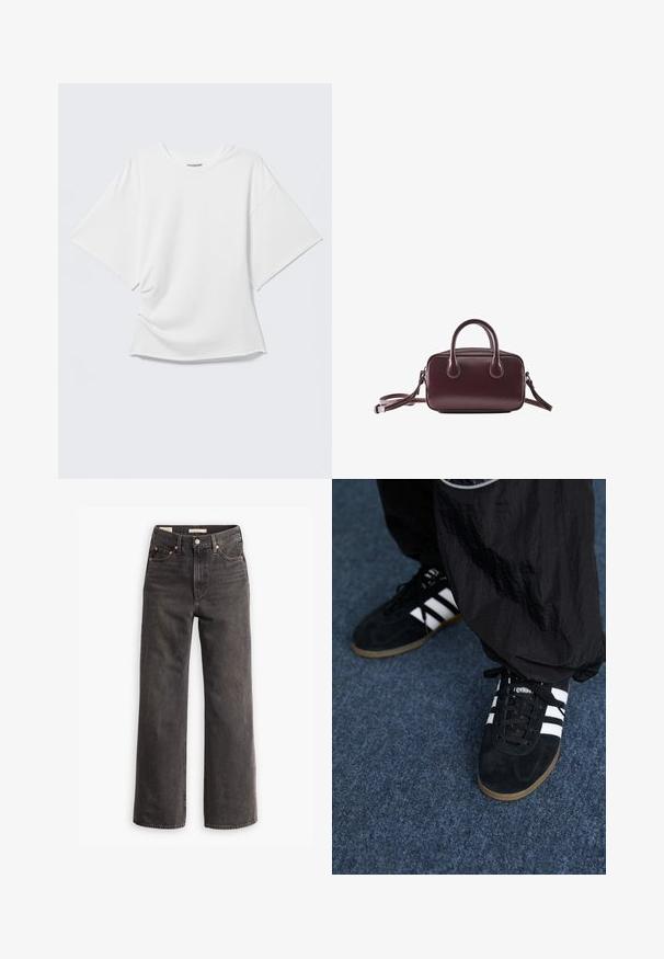 Hvid oversized T-shirt med korte ærmer og rund hals vist på en lysegrå baggrund.; Højtaljede, vide jeans i mørkegrå denim, med forlommer, kontrastfarvede kobbernitter og en ren finish uden pynt.; Sorte suedetrainingssko med tre hvide striber og sorte snørebånd. Et tekstureret sort bukser er delvist synligt ved siden af skoene.; Lille mørkebrun læderhåndtaske med dobbelte håndtag og aftagelig skulderrem på hvid baggrund.