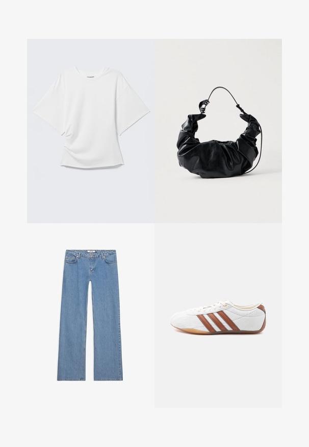 Wit oversized T-shirt met korte mouwen en ronde hals, weergegeven op een lichtgrijze achtergrond.; Lichtblauwe wijde spijkerbroek van denim, met een vijf-pocket ontwerp, knoopsluiting en gestikte details langs de naden en zoom.; Witte lage sneaker met bruine leren strepen, veterluiting en een zool van gumrubber, gezien vanaf de binnenkant op een witte achtergrond.; Zwarte neplederen handtas met een zacht, geplooid ontwerp en een flexibele handgreep, met een gladde textuur en subtiele glans.