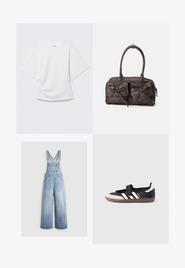 T-shirt blanc oversize à manches courtes avec col rond présenté sur un fond gris clair.; Salopette en denim bleu clair avec des jambes larges, bretelles réglables, poche avant et boutons en métal sur les côtés. Style classique avec une coupe décontractée.; Baskets noires et beiges avec une bride en velcro, trois bandes blanches sur le côté, et une semelle en caoutchouc marron texturée. Logo de la marque visible.; Sac en cuir brun avec deux poches avant dotées de liens, poignées arrondies et fermeture éclaire. Texture lisse avec un subtil éclat.