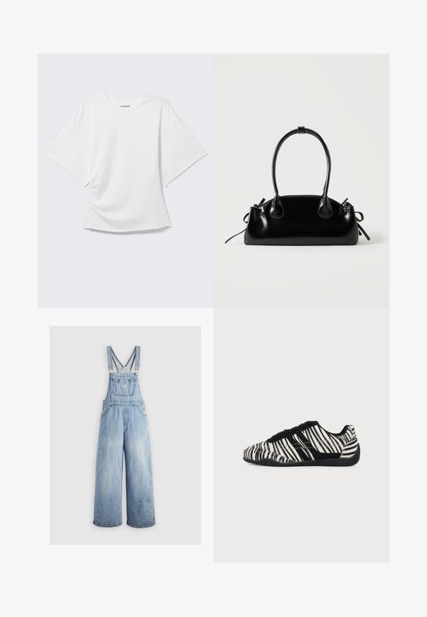 Weißes kurzärmeliges Oversized T-Shirt mit Rundhalsausschnitt, dargestellt vor hellem grauem Hintergrund.; Helleblaue Denim-Latzhose mit weiten Beinen, verstellbaren Trägern, einer Fronttasche und Metallknöpfen an den Seiten. Klassischer Stil mit lockerer Passform.; Schwarz-weißer Sneaker mit Schnürung, Zebramuster und texturierter schwarzer Sohle auf einem einfarbigen hellen Hintergrund.; Kleine schwarze glänzende Handtasche mit zwei langen Griffen und seitlichen Kordelzug-Details vor einfachem hellem Hintergrund.