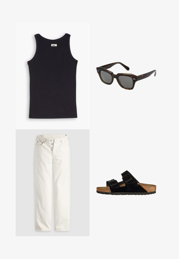 Sort tanktop lavet af ribbet stof, med en rund halsudskæring og et lille mærke på bagsiden. Glat tekstur og tætsiddende design.; Hvide jeans med høj talje, lige ben, knaplukning, lommer foran og bagpå samt synlige kobbernitter i lommekanterne.; Sorte patentlæder sandaler med to justerbare stropper, korksål og gummisål, der har en glat tekstur og et minimalistisk design.; Rektangulære solbriller med ramme i skildpaddemønster af plast, mørke linser og sølvdetaljer på siderne. Fremstillet i Italien.