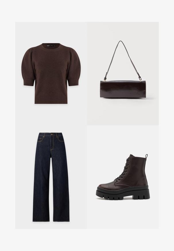 Mørkebrunt kortærmet strikket sweater med puffede ærmer og ribstrikkede manchetter, halsudskæring og kant.; Mørkeblå high-waist viddeben denimjeans med forlommer og kontrastsyning, vist på en ensfarvet lys baggrund.; Brune læder ankelstøvler med en rund tå, sort kraftig sål og snørredetaljer. Har en bageste løkke for nem påtagning.; Rektangulær sort læderhåndtaske med en enkelt lang rem og blank finish, vist mod en ensfarvet hvid baggrund.