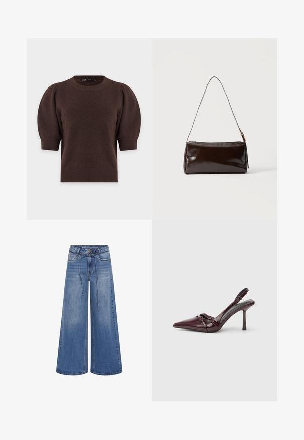 Tmavohnedý krátky pletený sveter s nafúknutými rukávmi a rebrovanými manžetami, výstrihom a lemom.; My Essential Wardrobe MWKARO 144 MID XWIDE - Široké nohavice - medium blue wash; Bordové lodičky zo lesklej koženky so špičatou špičkou, tenkým remienkom na členku a malou dekoratívnou prackou. Hladká textúra a vysoký opätok.; Tmavohnedá obdĺžniková kožená kabelka na rameno s jedným tenkým remienkom a zlatým prackou na jednofarebnom pozadí.