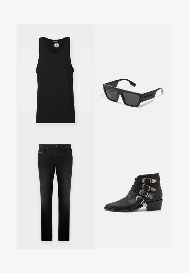 Sort ærmeløs tank top lavet af bomuld med en rund halsudskæring og prægede logo detaljer foran. Rent, minimalisk design.; Sorte jeans lavet af denim med lige pasform, der har forlommer og metalknaplukning, glat tekstur og subtile sydetaljer.; Sorte læder ankelstøvle med fire dekorative sølv spænder, spids tå og en stablet hæl med ribbede detaljer ved kanten.; Sorte solbriller med rektangulær form, mat finish og grå linser. Har et prægede logo på stængerne. Klassisk design.