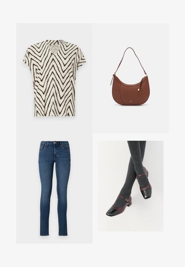 Kortærmet V-hals top i creme med sort zigzag-mønster. Blødt stof, afslappet pasform og sidelommer for ekstra struktur.; Slanke blå jeans lavet af denim med en mellemhøj talje, fem lommer og en falmet vask, med standard syninger og lynlås lukning.; Burgunderrøde læder Mary Jane-sko med en sort laktoej og tynd ankelrem; båret med mørkegrå ribbede strømper. Lav blokhæl.; Brun faux læder skuldertaske med buet form, minimal syning og en guldtonet hardwaredetalje. Har en top lynlåslukning og justerbar rem.