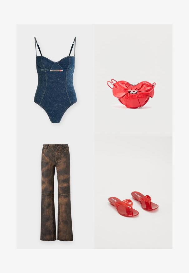 Donkerblauw denim-effect eendelig body met dunne verstelbare bandjes en een Diesel Industry logopatch op het midden vooraan.; Bruine denim flared broek met een vervaagde, getextureerde afwerking. Heeft vijf zakken, riemlussen en een knoopsluiting. Platte naden en wijd been.; Melissa QUANTUM THONG X DIESEL - Teensandalen - red; Rode leren handtas in hartvorm, met plooien, een zilveren rits en een opvallend metalen logo aan de voorkant.