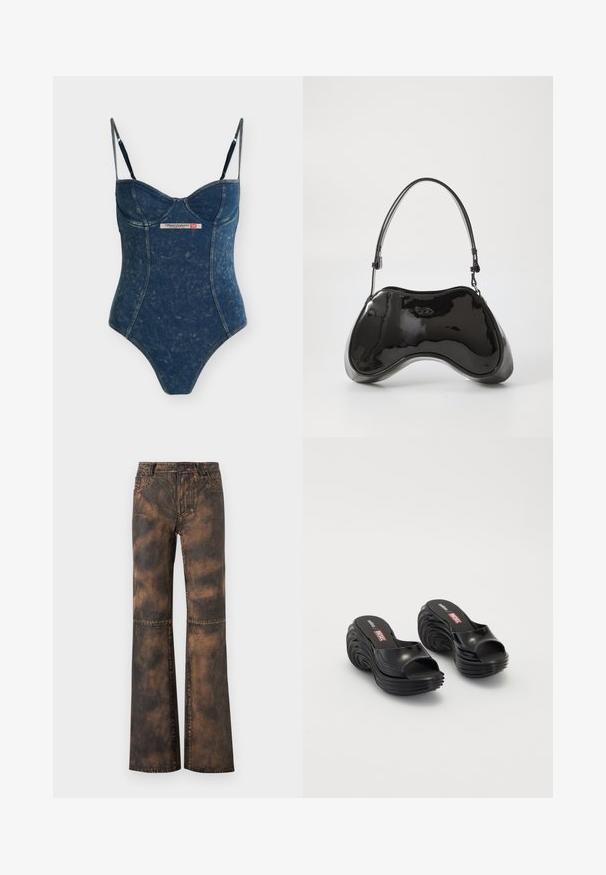 Body une-pièce bleu foncé effet denim avec fines bretelles réglables et un patch logo Diesel Industry au centre devant.; Pantalon évasé en denim marron avec une finition délavée et texturée. Il dispose de cinq poches, passants de ceinture et d'une fermeture par bouton. Coutures plates et jambes larges.; Melissa MELISSA QUANTUM PLATFORM X DIESEL AD - Sandales de bain - black; Sac à main en cuir verni noir avec une forme incurvée unique, une anse courte et ajustable, et une fermeture zippée. Texture lisse avec un branding discret.