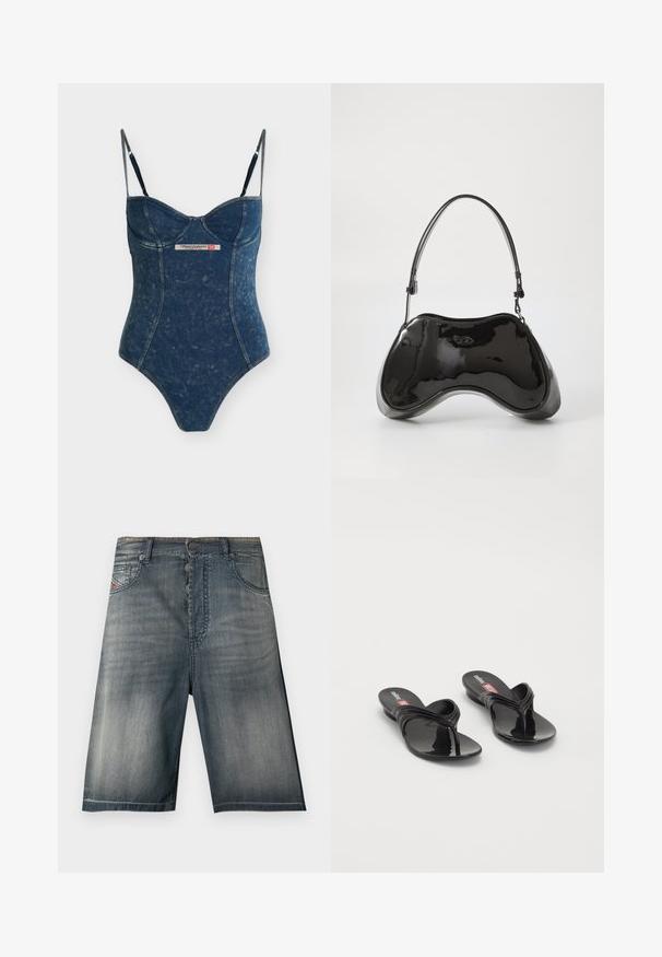 Body de una pieza en azul oscuro con efecto denim, tirantes finos ajustables y una etiqueta con el logo de Diesel Industry en el centro delantero.; Pantalones cortos de mezclilla en un lavado azul descolorido, con diseño de cinco bolsillos, cierre de botones y detalles sutiles de costura.; Melissa QUANTUM THONG X DIESEL - Sandalias de dedo - black; Bolso de mano de piel sintética negra con un diseño curvado único, asas cortas y ajustables, y abertura con cremallera en la parte superior. Textura suave con una sutil marca.