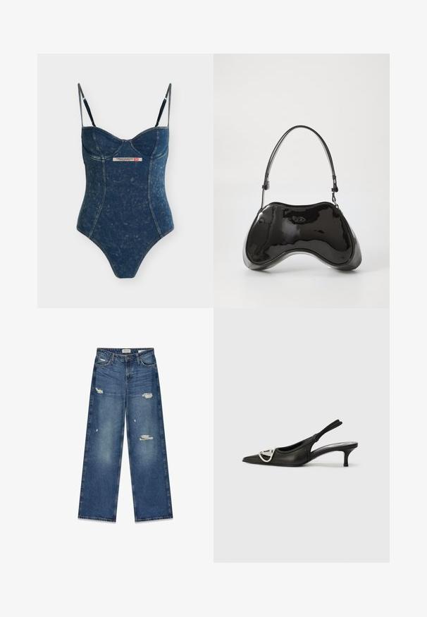 Body une-pièce bleu foncé effet denim avec fines bretelles réglables et un patch logo Diesel Industry au centre devant.; Jean bleu à jambes larges en denim avec des zones décolorées et des patches usés visibles. Coutures apparentes surpiquées et fermeture éclair.; Escarpin noir en cuir avec un bout pointu, arborant un accent logo argenté et un petit talon. Texture lisse et design minimaliste.; Sac à main en cuir verni noir avec une forme incurvée unique, une anse courte et ajustable, et une fermeture zippée. Texture lisse avec un branding discret.