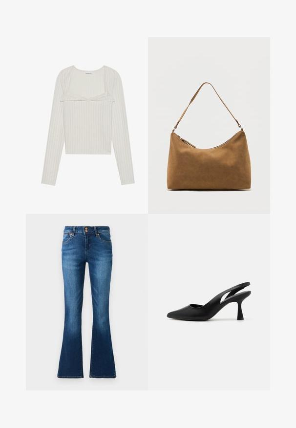 Kermanbeige pitkähihaisessa paidassa on ribbikuviointi. Siinä on pitsiyksityiskohta ja lyhyempi leikkaus, pyöreä pääntie ja istuvat hihat.; Siniset denim-lahkealtaat, joissa on etutaskut, vyölenkit ja kaksinkertainen nappikiinnitys, esitetty yksivärisellä taustalla.; Mustat korkokengät, joissa on viistetty kärki, valmistettu sileästä nahasta. Varustettu leikatuilla yksityiskohdilla ja tukevalla, kapenevalla korolla.; Ruskea mokkanahkainen olkalaukku, jossa on yksi hihna ja ylävetoketjusuljin, esillä yksinkertaisen valkoisen taustan edessä.