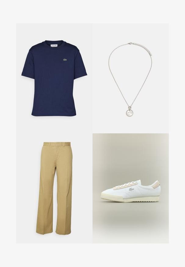 Korte mouwen marineblauwe t-shirt van katoen, met een ronde hals en een klein groen Lacoste-logo op de linkerkant van de borst.; Khaki wijde broek van een lichte katoenmix, met een rits en riemlussen. Soepele textuur met een nette afwerking.; Witte leren sneaker met een beige suède accent. Kenmerken zijn een ronde neus, platte veters en een gestructureerde zool. Lacoste-logo aan de zijkant.; Zilveren ketting met een ronde hanger met een gegraveerd logo. De ketting heeft een sluiting en een verlenging voor verstelbare lengte.