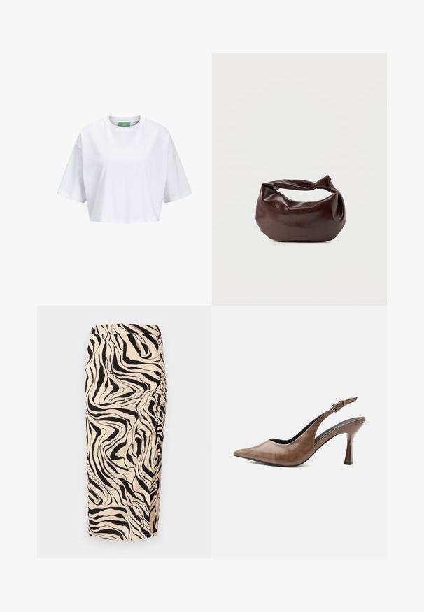 T-shirt blanc court en coton, avec des manches courtes et un col rond. Étiquette verte à l'intérieur avec le nom de la marque visible.; Jupe beige mi-longue avec un motif zèbre noir. Elle présente des détails froncés sur le côté et un tissu texturé.; Chaussure slingback en cuir marron à talons hauts, bout pointu, bride ajustable à boucle et talon fin et effilé.; Sac bandoulière en cuir marron foncé avec une forme souple et décontractée et une anse nouée torsadée sur un fond blanc uni.