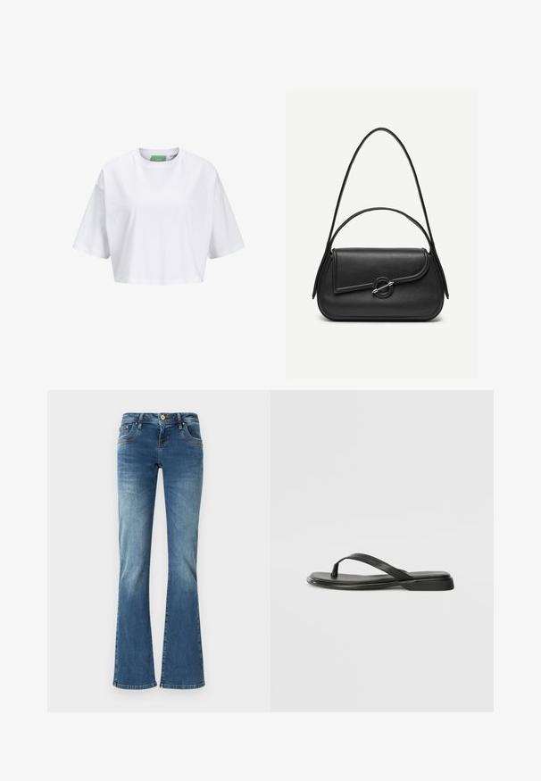 Witte cropped t-shirt van katoen, met korte mouwen en een ronde hals. Groene label aan de binnenkant met zichtbare merknaam.; Flared denim jeans in medium blue met contrasterende stiksels, vijf zakken en een klassieke knop- en ritssluiting.; Zwarte teenflip-flop van glad leer, met een dunne band en een platte zool met een minimalistisch profiel. Geen opvallende patronen of accenten.; Zwarte leren handtas met afgeronde hoeken, asymmetrische klep, metalen ronde sluiting en zowel korte als lange schouderriemen.