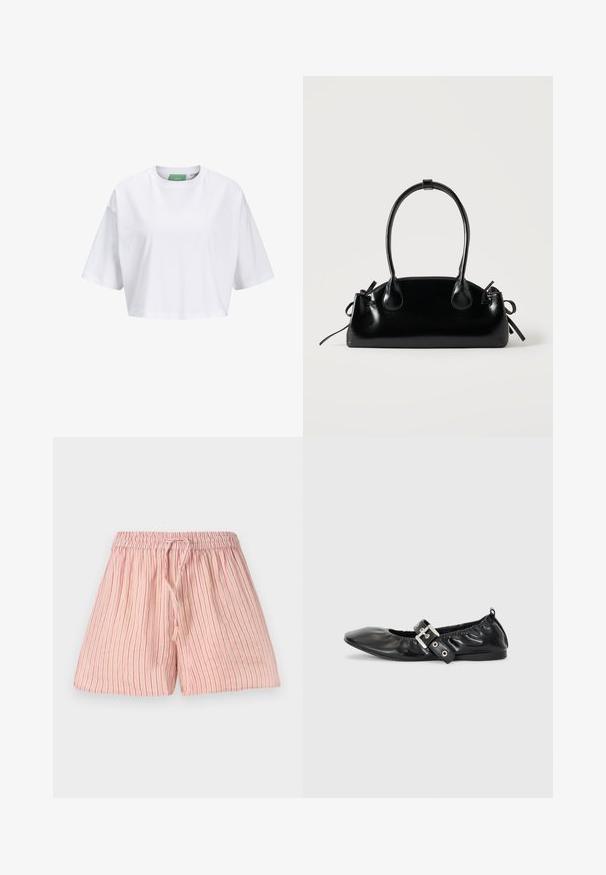 Camiseta blanca corta de algodón, con mangas cortas y cuello redondo. Etiqueta verde en el interior con el nombre de la marca visible.; Pantalones cortos de color rosa claro con rayas rojas verticales, fabricados en un tejido suave. Cuentan con una cinturilla elástica y un cordón para ajuste.; Zapato plano de piel negra con puntera afilada, detalle fruncido alrededor de la abertura y un acento de hebilla plateada en la correa ajustable.; Pequeño bolso negro brillante con dos asas largas y detalles de cordón lateral sobre un fondo claro liso.
