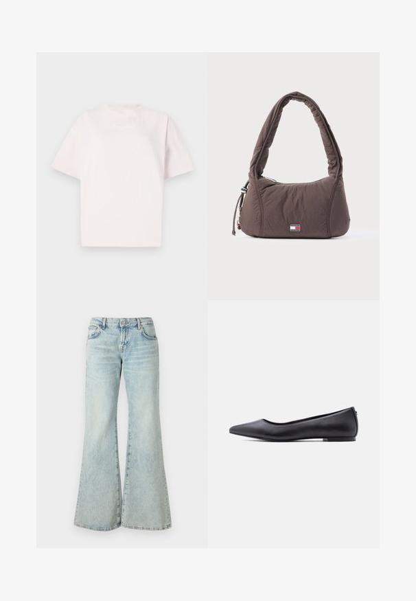 Lichtroze T-shirt met korte mouwen van katoen, met een ronde halslijn en subtiele witte bedrukte tekst op de voorkant.; Lichtblauwe flared jeans van denim, met een hoge taille, zakken en rafelige zomen. De stof heeft een vervaagde wassing en een subtiele textuur.; Zwarte platte leren schoen met puntige neus en lage hak, zijaanzicht tegen een witte achtergrond.; Bruine nylon schoudertas met een gebogen, gewatteerd ontwerp, voorzien van een ritssluiting en een klein logodetail. Gestructureerde stof en prominente handgreep.