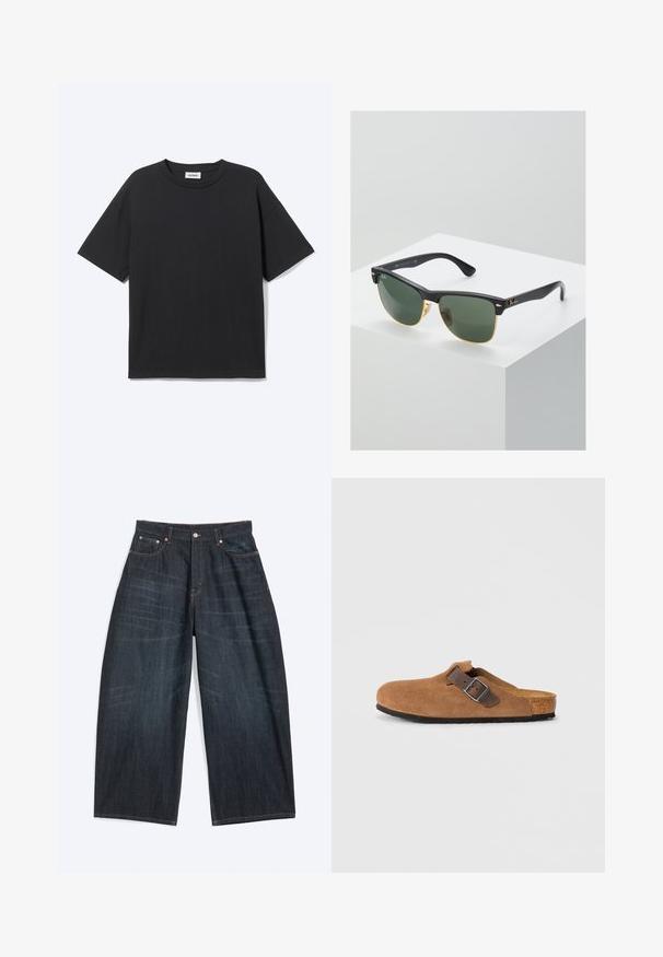 Schwarzes T-Shirt mit kurzen Ärmeln und Rundhalsausschnitt in lockerer Passform, Vorderansicht, schlichtes Design und sichtbares Weekday-Label im Krageninneren.; Dunkelblaue Jeans mit weitem Bein, Vordertaschen, Knopfverschluss und sichtbaren Nähten, flach auf einem weißen Hintergrund liegend.; Braune Wildlederclogs mit einem verstellbaren braunen Lederriemen und einer silbernen Schnalle, ausgestattet mit einer geformten Korkfußbett und einer strukturierten Gummisohle.; Ray-Ban Sonnenbrillen mit grünen Gläsern, schwarzen Kunststoffrahmen und goldenen Akzenten an den Rändern. Quadratische Form mit matter Oberfläche.