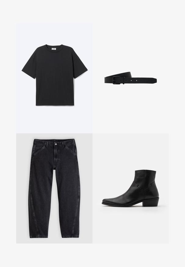 T-shirt noir à manches courtes avec col rond, coupe décontractée, vue de face, design uni et étiquette de la marque Weekday visible à l’intérieur du col.; Jean en denim noir à coupe ample, doté d'une ceinture standard, d'un design à cinq poches et de surpiqûres contrastantes le long des coutures.; Bottine en cuir noir à bout pointu, avec des détails de couture minimalistes, un talon carré de hauteur intermédiaire et une finition lisse et brillante.; Ceinture en cuir noir avec boucle rectangulaire noire mate et trois trous de réglage, présentant une légère courbe et un embossage du logo « Lee » près de la pointe.