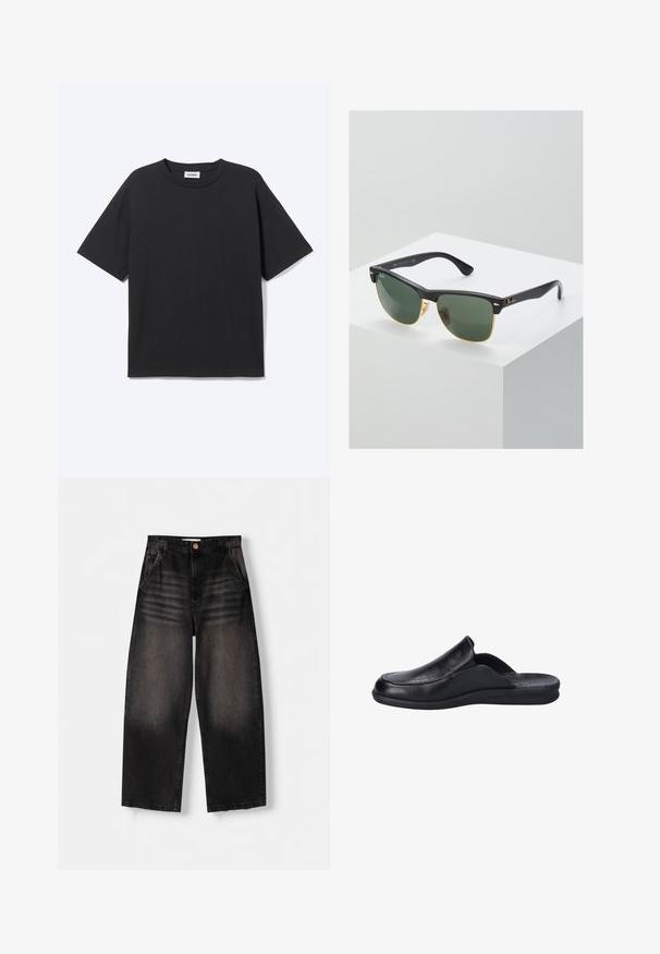 Schwarzes T-Shirt mit kurzen Ärmeln und Rundhalsausschnitt in lockerer Passform, Vorderansicht, schlichtes Design und sichtbares Weekday-Label im Krageninneren.; Schwarze Denim-Weite-Leg-Jeans mit einem ausgewaschenen Design, ausgestattet mit fünf Taschen, einem Knopfverschluss und dezenten Waschungen auf der Vorderseite.; Schwarzer Slipper aus Leder mit glatter Oberfläche, runder Zehenpartie und flexibler Gummisohle. Minimalistisches Design ohne Beschläge.; Ray-Ban Sonnenbrillen mit grünen Gläsern, schwarzen Kunststoffrahmen und goldenen Akzenten an den Rändern. Quadratische Form mit matter Oberfläche.
