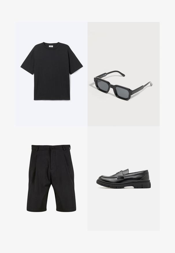 Sort T-shirt med korte ærmer og rund hals med afslappet pasform, forfra, ensfarvet design og synligt Weekday-mærke inde i kraven.; Sorte shorts lavet af et glat stof med skræddersyet design, der har en frontknaplukning, læg og sidelommer.; Sort læder loafersko med en bred rem over forfoden, gummisål med tykke mønstre og glat overflade. Klassisk, slankt design.; Sorte rektangulære solbriller med tykke stel og mørke, tonede linser, vinklet på en hvid baggrund.