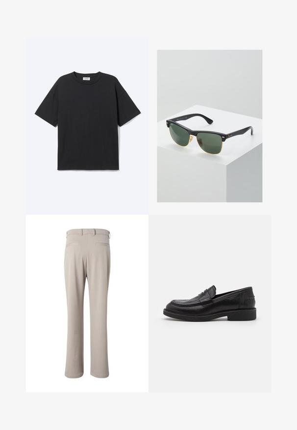 Camiseta negra de manga corta con cuello redondo, ajuste relajado, vista frontal, diseño sencillo y etiqueta visible de la marca Weekday en el interior del cuello.; Pantalones beige de corte recto mostrados por detrás, con trabillas para cinturón y dos bolsillos de vivo en la cintura.; Mocasines de cuero negro con puntera redondeada, costuras tonales y un detalle de tira en la parte frontal. Suela de goma con un tacón bajo.; Gafas de sol Ray-Ban con lentes verdes, montura de plástico negro y acentos dorados en los bordes. Forma cuadrada con acabado mate.