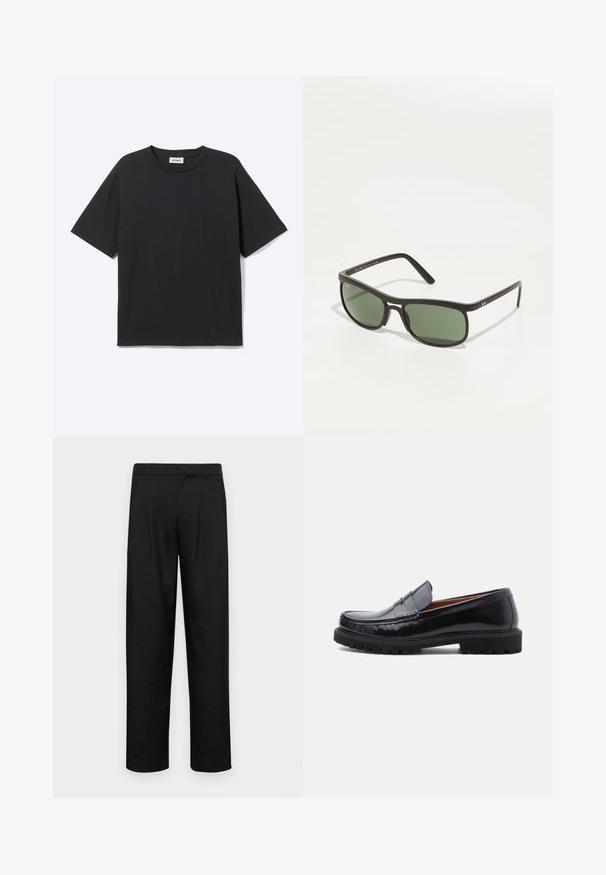 T-shirt noir à manches courtes avec col rond, coupe décontractée, vue de face, design uni et étiquette de la marque Weekday visible à l’intérieur du col.; Pantalons noirs en tissu lisse, avec une coupe droite, deux plis avant et une taille standard avec passants de ceinture.; Mocassin penny en cuir noir avec semelle en caoutchouc épaisse et couture moc toe, montré de profil sur un fond blanc.; Lunettes de soleil noires avec des verres teintés en vert, forme rectangulaire, monture en plastique lisse et détail de logo discret sur les branches.