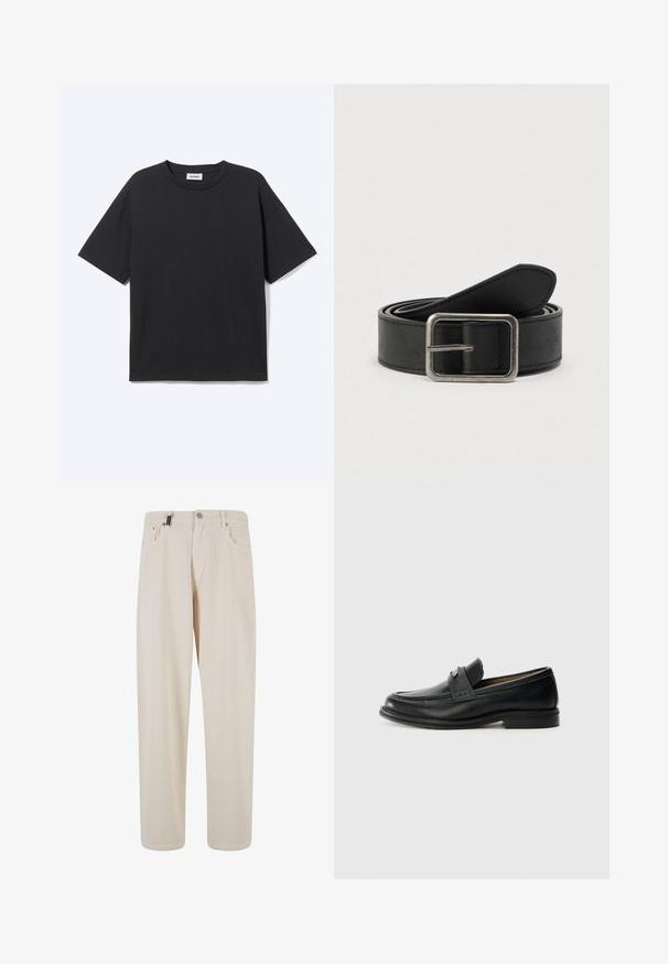 Camiseta negra de manga corta con cuello redondo, ajuste relajado, vista frontal, diseño sencillo y etiqueta visible de la marca Weekday en el interior del cuello.; Pantalones de algodón beige con un diseño de pierna recta, que cuentan con bolsillos frontales y un cierre de botón. Textura suave con un detalle minimal.; Mocasines de cuero negro con un acabado suave, que presentan una banda superior texturizada, tacón bajo y detalles de costura mínimos.; Cinturón de cuero negro con hebilla de metal plateado, con una textura lisa y un diseño sencillo y clásico.