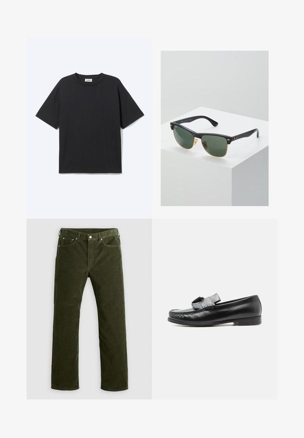 Schwarzes T-Shirt mit kurzen Ärmeln und Rundhalsausschnitt in lockerer Passform, Vorderansicht, schlichtes Design und sichtbares Weekday-Label im Krageninneren.; Olivgrüne Kordhosen mit geradem Schnitt, vorderem Knopf, Reißverschluss, Gürtelschlaufen und fünf Taschen auf einem weißen Hintergrund.; Schwarzer Lederloafer mit Quasten-Detail, niedrigem Absatz und abgerundeter Spitze, von der Seite auf hellem einfarbigem Hintergrund gezeigt.; Ray-Ban Sonnenbrillen mit grünen Gläsern, schwarzen Kunststoffrahmen und goldenen Akzenten an den Rändern. Quadratische Form mit matter Oberfläche.