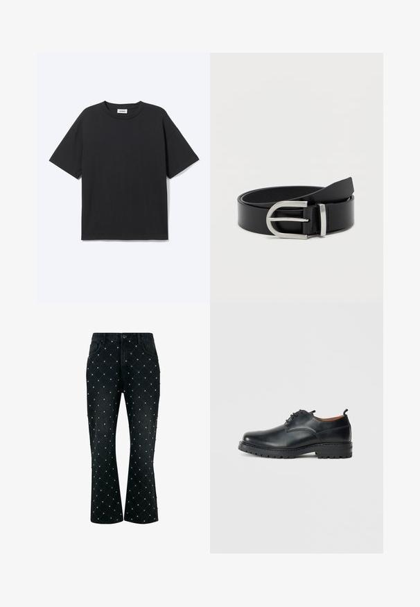 T-shirt noir à manches courtes avec col rond, coupe décontractée, vue de face, design uni et étiquette de la marque Weekday visible à l’intérieur du col.; Jeans en denim noirs avec un motif en losanges matelassé orné de petits clous en argent, coupe droite et style classique à cinq poches.; Chaussures derby en cuir noir avec une texture lisse, bout rond, design à lacets et une semelle en caoutchouc épaisse et robuste.; Ceinture en cuir noir avec une texture lisse, dotée d'une boucle en métal argenté et d'une forme rectangulaire classique.