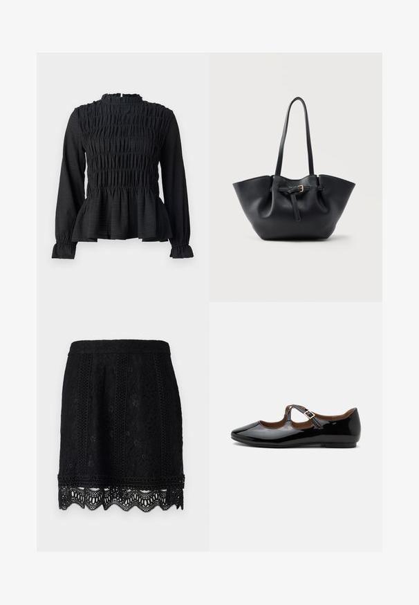 Čierny top s dlhým rukávom a smocked detailami, vysokým golierom a rozšíreným peplum lemom. Vyrobený z textúrovaného materiálu s volánovými manžetami.; Čierna čipkovaná mini sukňa s precízne vypracovanými kvetinovými vzormi, so zúbkovaným lemom a textúrovaným povrchom pre pridané detaily. Súčasťou je elastický pás.; Čierne lesklé Mary Jane baleríny s dvoma výrezmi a zlatou prackou na bielom pozadí.; Čierna kožená taška typu tote s dlhými rúčkami a predným popruhom s malou zlatou prackou na jednofarebnom pozadí.
