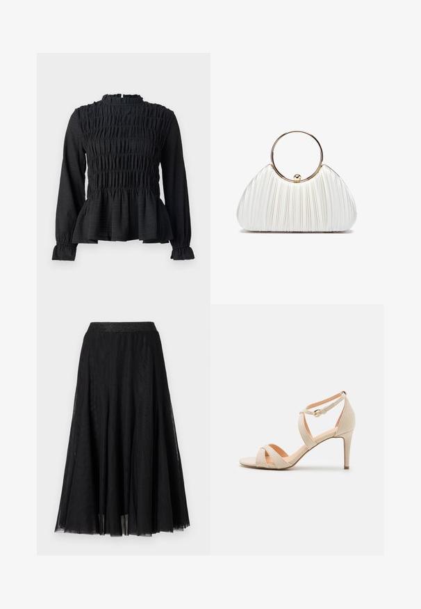 Top negro de manga larga con detalles fruncidos, cuello alto y dobladillo peplum acampanado. Fabricado con una tela texturizada y puños con volantes.; Falda maxi negra con un diseño fluido y texturizado. Presenta una cinturilla amplia y brillante, así como una tela ligera y en capas que aporta un aspecto elegante.; Sanda en tacón alto de ante beige con puntera abierta, diseño de tiras entrelazadas y correa al tobillo con un hebilla en tono dorado.; Bolso de mano blanco plisado con un asa circular dorada, que presenta un tejido suave y una forma redondeada. Diseño elegante con un acabado texturizado.