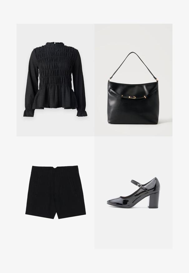 Top negro de manga larga con detalles fruncidos, cuello alto y dobladillo peplum acampanado. Fabricado con una tela texturizada y puños con volantes.; Pantalones cortos negros de tejido suave, con bolsillos laterales, un ajuste entallado y pliegues estructurados en la parte frontal para una silueta limpia.; Zapato de tacón alto de charol negro con punta redondeada, correa en el tobillo y tacón cuadrado. Acabado brillante con una textura suave.; Bolso de hombro de cuero negro con una sola correa y un pequeño detalle de hebilla dorada en la parte delantera sobre un fondo claro y liso.