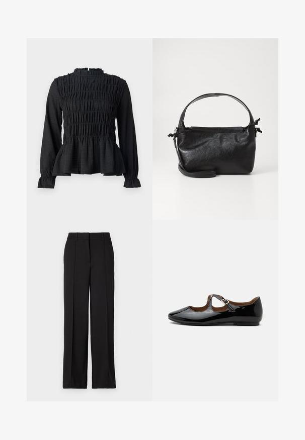 Sort langærmet top med smock-detaljer, høj hals og en flagrende peplum-søm. Fremstillet af tekstureret stof med rynkede manchetter.; Sorte bukser med en lige ben design, der har to forreste folder, en talje og ingen synlige lommer eller dekorative elementer.; Sort laklæder Mary Jane-flad sko med to udskæringer og en guldbuckelrem på hvid baggrund.; Sort læderhåndtaske med et struktureret design, rund tophåndtag og aftagelig skulderrem. Den har en glat tekstur og en subtil glans.