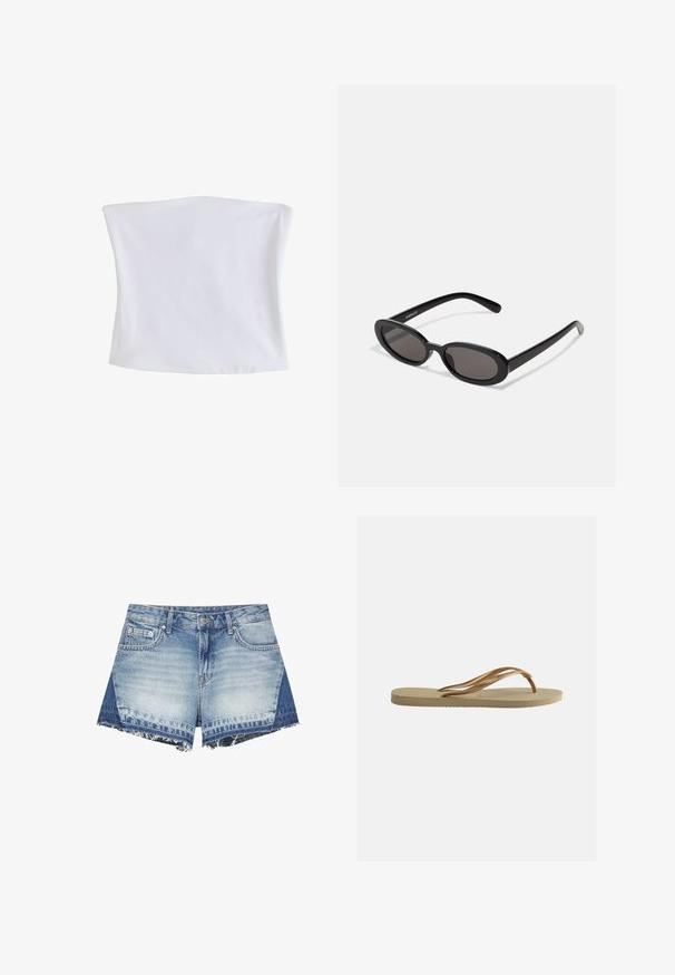Schlichtes weißes trägerloses Tube-Top mit geradem Ausschnitt und figurbetonter Form, vor weißem Hintergrund gezeigt.; Jeans-Shorts mit hellen und dunklen blauen Einsätzen, vorne Knopf, Reißverschluss, Gürtelschlaufen, vordere und Münztaschen sowie ausgefranste Saumkanten.; Beige Flip-Flop-Sandale mit profilierter Sohle und bronzefarbenen, metallischen Y-förmigen Riemen vor schlichtem weißem Hintergrund.; Even&Odd Sonnenbrille - black