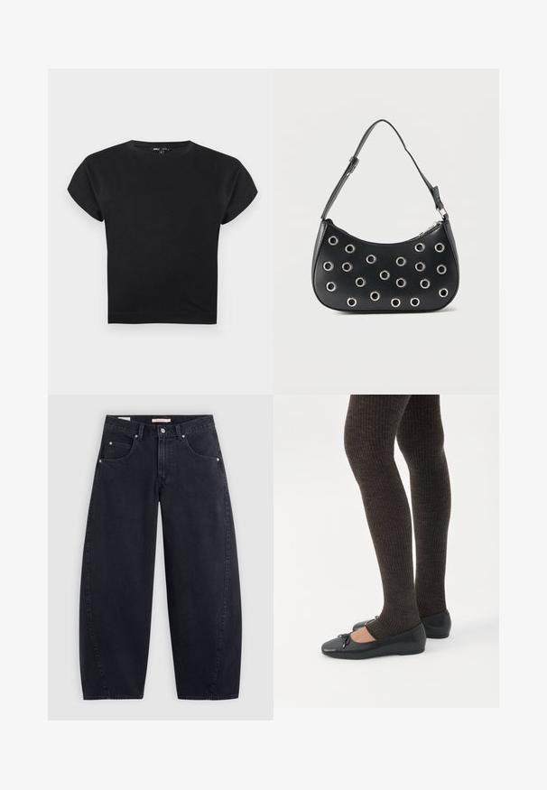 Zwart crop top met korte mouwen, een ronde hals, licht verlengde schouders en een strakke pasvorm op een witte achtergrond.; Zwarte denim wijde pijpen jeans met een hoge taille, twee frontzakken en zilveren hardware. Gladde textuur, minimale stiksels en rechte snit.; Benen met donkere geribbelde leggings gecombineerd met zwarte ballerina's met kleine strikdetails op een witte achtergrond.; Zwarte leren schoudertas met verstelbare riem, voorzien van zilveren metalen oogjes en een ritssluiting bovenaan.