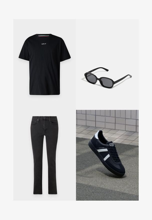 Schwarzes Baumwoll-T-Shirt mit Rundhalsausschnitt und kurzen Ärmeln. Das Wort "REPLAY" ist in Weiß über die Brust gestickt.; Schwarze Jeans aus Denim im Slim-Fit-Schnitt. Verfügt über fünf Taschen, Gürtelschlaufen und einen Frontreißverschluss mit Knopfverschluss. Glatte Textur.; Schwarze Leder-Sneaker mit weißen Streifen, strukturiertem Gummisohle und Schnürung. Verfügt über ein Markenetikett auf der Zunge.; Zign by Zalando Sonnenbrille - black