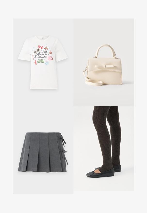 Hvid kortærmet T-shirt med et farverigt design med teksten "Dette sæsons essentielle" og forskellige sæsonbestemte illustrationer, herunder blomster og gaver.; Grå plisseret mininederdel i et struktureret stof med bindelukning på den ene side og en glat linning for øget komfort.; Ben iført mørke ribbede leggings kombineret med sorte balletsko med små sløjfedetaljer på hvid baggrund.; Lille beige håndtaske med top-håndtag, aftagelig rem, forreste klap og dekorativ vandret sløjfe på en ensfarvet baggrund.
