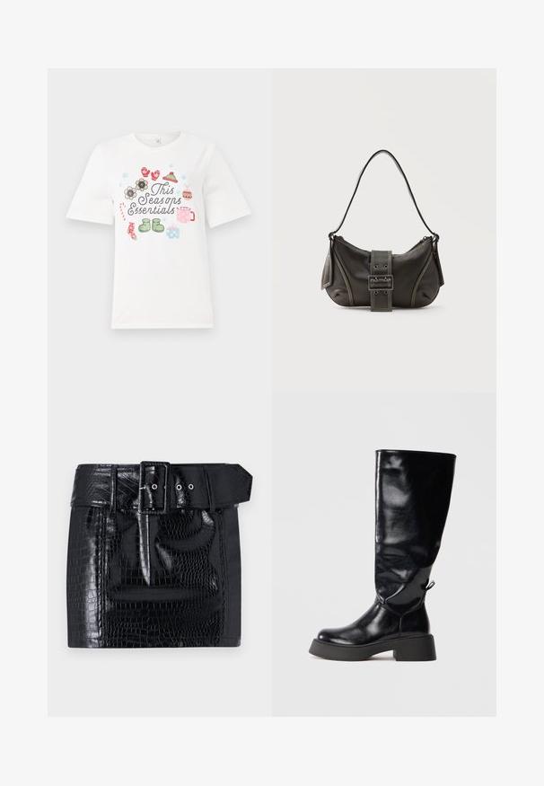 Hvid kortærmet T-shirt med et farverigt design med teksten "Dette sæsons essentielle" og forskellige sæsonbestemte illustrationer, herunder blomster og gaver.; Sort faux læder mini nederdel med krokodillemønster, bredt bælte med firkantet spænde og trykknapdetalje i taljen.; Knæ-høje sorte læderstøvler med en skinnende finish, rund tå, chunky platform hæl og dekorativt bagstykke.; Sort læder skuldertaske med spænde på remmen, afrundede kanter og kontrasterende hvide syninger på en ensfarvet baggrund.