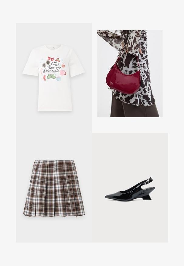 Camiseta blanca de Manga Corta con un diseño colorido que incluye el texto "Esenciales de Esta Temporada" y diversas ilustraciones estacionales, como flores y regalos.; Falda plisada de cuadros marrones y blancos con un diseño estructurado y una textura nítida, que presenta una cintura alta y múltiples pliegues verticales.; Zapato slingback de cuero charol negro con puntera puntiaguda y tacón bajo en bloque inclinado sobre fondo claro liso.; Mujer con blusa de estampado en blanco y negro sosteniendo un bolso de hombro rojo brillante sobre un fondo liso.