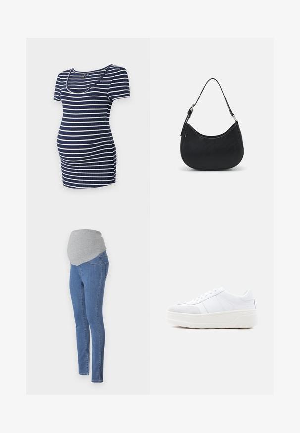 Navy en witte gestreepte zwangerschapsblouse, korte mouwen, ronde halslijn, geribbeld textuur, aansluitend met extra ruimte voor een groeiende buik.; Zwangerschapsjeans met een fitted ontwerp, blauwe denimstof en een zachte grijze jersey tailleband voor comfort. Inclusief achterzakken en een slim fit.; Witte lage sneaker met veterclosure, dikke plateauzool en suède accenten op de neus, zijaanzicht op een effen achtergrond.; Zwarte hobo tas van soepel leer met een gebogen silhouet, voorzien van een enkele verstelbare schouderriem en minimalistische ontwerpdetails.