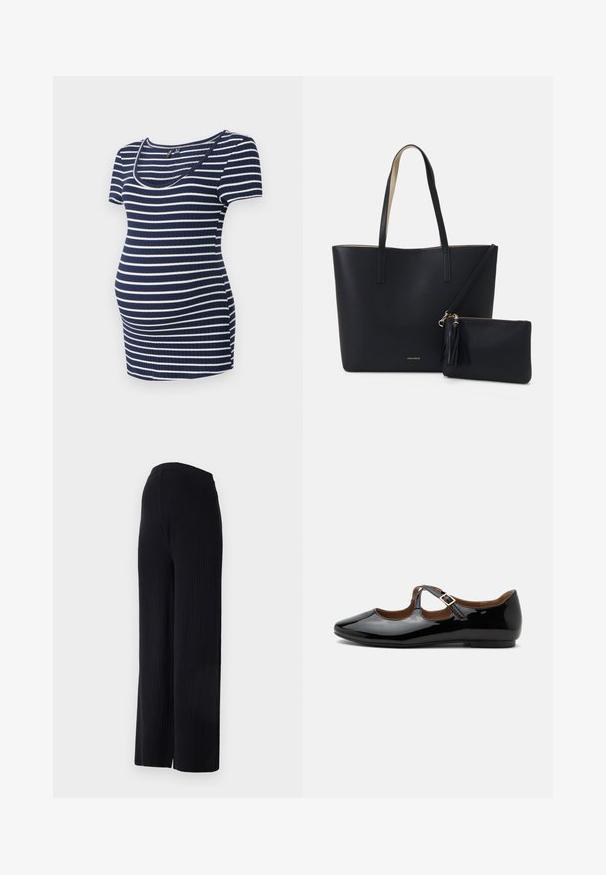 Top de maternité à rayures bleu marine et blanches, à manches courtes, décolleté rond, texture côtelée, ajusté avec un espace supplémentaire pour un ventre en croissance.; Even&Odd Maternity by Zalando FULL LENGTH WIDE RIB PANTS M-EV4_SS22_2-1-A_011 - Wide Leg - black; Chaussure plate Mary Jane en cuir verni noir avec deux découpes et une bride à boucle dorée sur fond blanc.; Sac fourre-tout noir avec un matériau texturé, deux longues anses et une pochette zippée amovible avec un détail de pompon. Logo de la marque en orvisible.