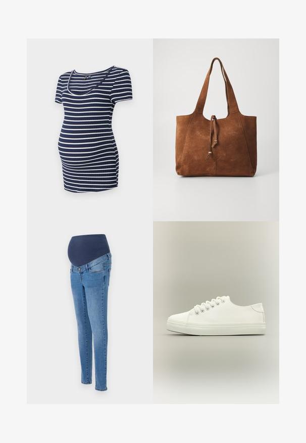 Marineblå og hvid stribet graviditetstop, kortærmet, rund halsudskæring, ribbet tekstur, tætsiddende med ekstra plads til en voksende mave.; Graviditetsjeans med en blå elastisk talje og slim-fit ben, lavet af lys blå denim med lidt falmning og standard baglommer.; Hvid lavtop sneaker med hvide snørebånd og gummisål vist fra siden på en neutral baggrund.; Brun ruskinds tote bag med to lange håndtag, snøre lukning og glat tekstur. Har et enkelt design og minimale accenter.